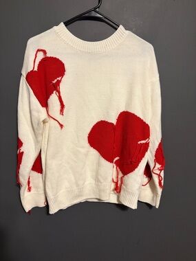Cream Knit Sweater with Red Hearts